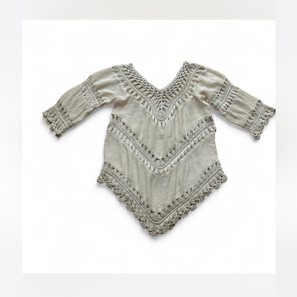Ethereal Western Cream Crochet Eyelet Top 3/4 Sleeves Renaissance Size M Boho